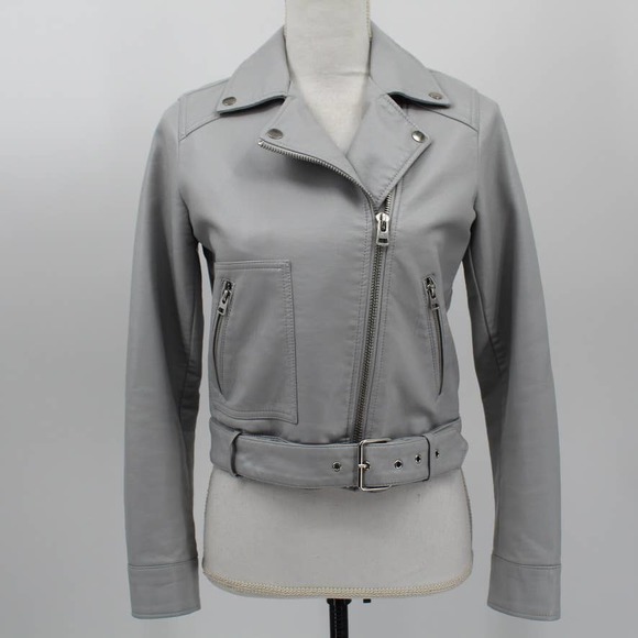 Topshop Jackets & Blazers - Topshop Kota Vegan Faux Leather Crop Moto Jacket Gray Belted 11P06QLGY Size US 4